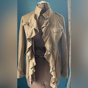 Military style jacket. Lightweight, unlined, buttoned with ruffle size medium.